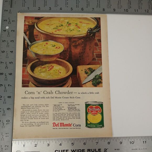 1958 Del Monte Corn Ad Crab Chowder Bronze Pot Wood Bowl Recipe MCM Print Ad - Picture 4 of 8